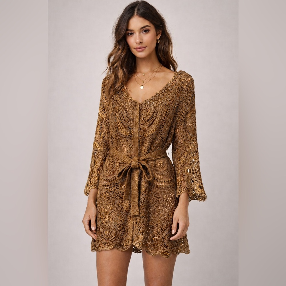 Oscar de la Renta RARE Bronze‎ Gold Crochet Silk Cardigan